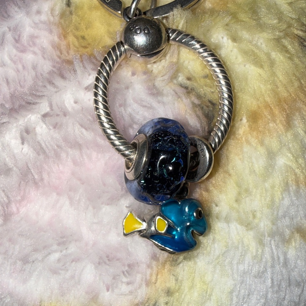 Pandora Silver Keychain with Blue Charm and Dory Charm